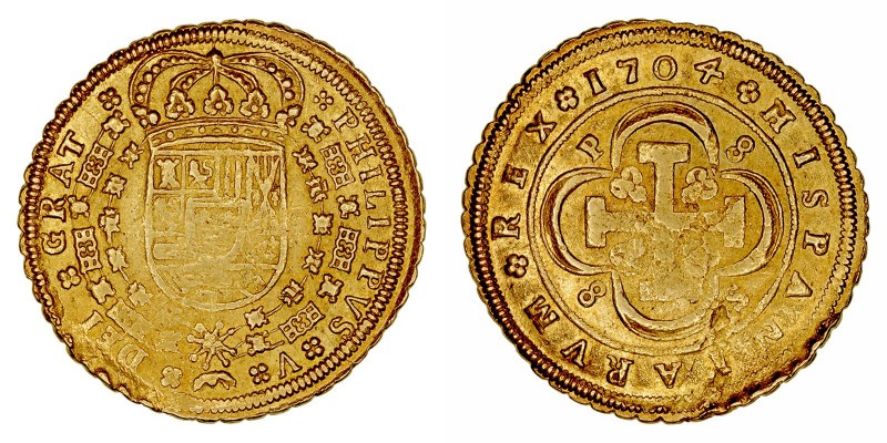 MONARQUÍA ESPAÑOLA
FELIPE V
8 Escudos. AV. Sevilla P. 1704. Tipo cruz, P-8/8-S...