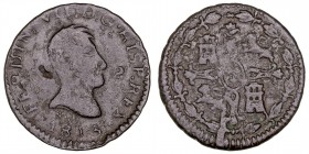 MONARQUÍA ESPAÑOLA
FERNANDO VII
2 Maravedís. AE. Jubia. (1813). CAL.1579. Marca tras la cabeza y oxidaciones limpiadas. Escasa. BC-