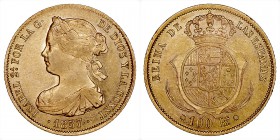 MONARQUÍA ESPAÑOLA
ISABEL II
100 Reales. AV. Barcelona. 1857. 8,34 g. CAL.10. Restos de brillo. MBC+