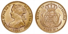 MONARQUÍA ESPAÑOLA
ISABEL II
100 Reales. AV. Barcelona. 1859. 8,41 g. CAL.12. Golpecito en canto, si no EBC. Conserva brillo