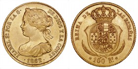 MONARQUÍA ESPAÑOLA
ISABEL II
100 Reales. AV. Madrid. 1862. 8,42 g. CAL.27. Rayita en el busto, si no EBC
