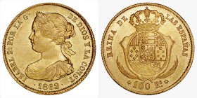 MONARQUÍA ESPAÑOLA
ISABEL II
100 Reales. AV. Madrid. 1862. 8,41 g. CAL.27. MBC+