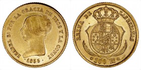 MONARQUÍA ESPAÑOLA
ISABEL II
100 Reales. AV. Sevilla. 1855. 8,42 g. CAL.33. Conserva restos de brillo. EBC