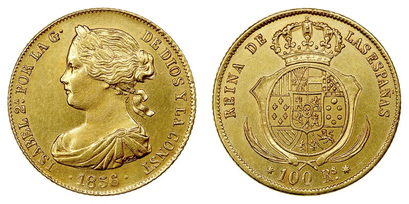 MONARQUÍA ESPAÑOLA
ISABEL II
100 Reales. AV. Sevilla. 1856. 8,36 g. CAL.34. Mu...