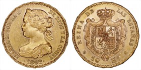 MONARQUÍA ESPAÑOLA
ISABEL II
10 Escudos. AV. Madrid. 1868 *18-68. 8,41 g. CAL.47. Ligeras marquitas, si no EBC+