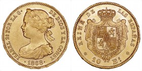 MONARQUÍA ESPAÑOLA
ISABEL II
10 Escudos. AV. Madrid. 1868 *18-68. 8,43 g. CAL.47. Manchita en rev. Conserva brillo. EBC+/EBC
