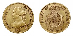 MONARQUÍA ESPAÑOLA
ISABEL II
40 Reales. AV. Madrid. 1861. 3,32 g. CAL.102. Raya junto al moño, si no EBC. Muy escasa