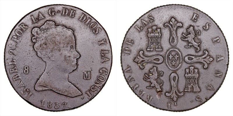 MONARQUÍA ESPAÑOLA
ISABEL II
8 Maravedís. AE. Jubia. 1837. CAL.475. Marca en r...