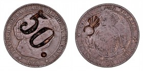 MONARQUÍA ESPAÑOLA
ISABEL II
Céntimo de escudo. AE. Jubia OM. 1868. Resello de 50. en anv. y granada en rev. Posiblemente perteneciente a un Regimie...