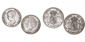 LA PESETA
ALFONSO XIII
Lote de 4 monedas. AR. 5 Pesetas 1892 pelón, 1892 bucles, 1893 y 1894. Estrellas no visibles. MBC-