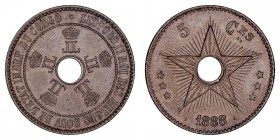 MONEDAS EXTRANJERAS
CONGO BELGA
LEOPOLDO II
5 Céntimos. AE. 1888. KM.3. Escasa así. EBC
