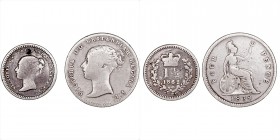 MONEDAS EXTRANJERAS
GRAN BRETAÑA
VICTORIA
Lote de 2 monedas. AR. 1 1/2 Pence 1862 y 4 Pence 1838. MBC- a BC+