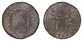 MONEDAS EXTRANJERAS
ITALIA
FERNANDO IV
Nápoles. 5 Tornesi. AE. 1798. MIR 392/5. Muy escasa. BC+/BC