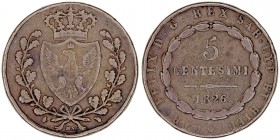 MONEDAS EXTRANJERAS
ITALIA
CARLOS FÉLIX
Cerdeña. 5 Centisimi. AE. 1826. Pagani 448. MBC-