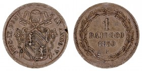 MONEDAS EXTRANJERAS
ITALIA
PÍO IX
Baiocco. AE. 1850 R. Pagani 503A. Golpecitos y muesca en canto, si no MBC