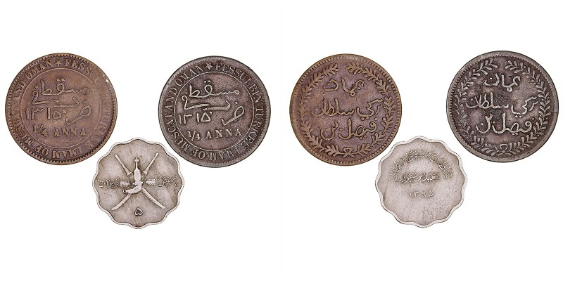 MONEDAS EXTRANJERAS
MUSCAT & OMAN
Lote de 3 monedas. AE. 1/4 Anna 1315 (2), 5 ...