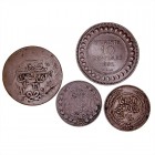 MONEDAS EXTRANJERAS
TÚNEZ
Lote de 4 monedas. AE. 6 Nasri 1269, 10 Céntimos 1891 A, Kharud 1281 (2). MBC+ a MBC-