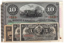 BILLETES
BANCO ESPAÑOL DE LA ISLA DE CUBA
Lote de 7 billetes. 10 y 50 Centavos, Peso (2) y 10 Pesos (3). EBC a MBC-