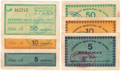 BILLETES
BILLETES LOCALES
Albox (Almería), C.M. 5, 10 y 50 Céntimos. 15 Junio 1937. Serie A. Muy escaso. EBC