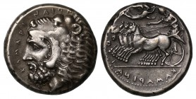 Sicily, Kamarina, c.425-405 BC, silver Tetradrachm, KAMAPINAIO[N] retrograde, below Athena driving quadriga left, wearing long chiton and helmet with ...