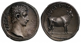 Augustus (24 BC – AD 14), silver Denarius, Samos [?], c.21-20 BC, CAESAR, bare head right, rev. AVGVSTVS, bull standing right, 3.69g (RIC 475). Choice...