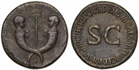 Drusus Julius Caesar, son of Tiberius, Æ Sestertius, Rome, AD 22-23, confronting heads of Drusus' twin sons Tiberius Gemellus and Germanicus, on cross...