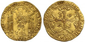 Edward the Black Prince (1362-72), gold Guyennois d'Or, third issue (c.1362), Bordeaux Mint, armoured crowned figure of King walking right, holding qu...