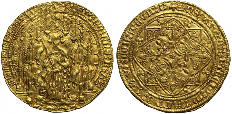 AU58 Edward the Black Prince, (1362-72), gold Pavillon d'Or, Bordeaux Mint, firs...