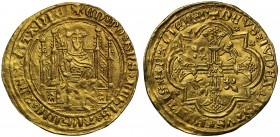 Edward the Black Prince (1362-72), gold Fort or Chaise d'Or, Bordeaux Mint (c.1366-7), robed Prince seated on large Gothic throne, holding sceptre, fl...