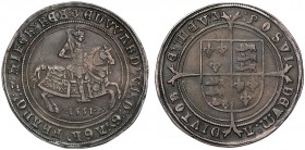 Edward VI (1547-53), silver Crown of Five Shillings, 1551, Fine Silver issue, King on horseback right, date below in Arabic numerals, wire line and be...