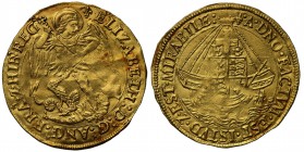 MS62 Elizabeth I (1558-1603), fine gold Angel of Ten Shillings, first to fourth issue (1559-78), St. Michael slaying dragon right, head breaks inner w...