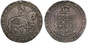 James I (1603-25), silver Crown, third coinage (1619-25), variety with plumes over reverse shield indicating Welsh mined silver, armoured King on hors...