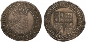James I (1603-25), silver Shilling, third coinage (1619-25), sixth crowned bust right, value behind, Latin legend and beaded borders surrounding both ...