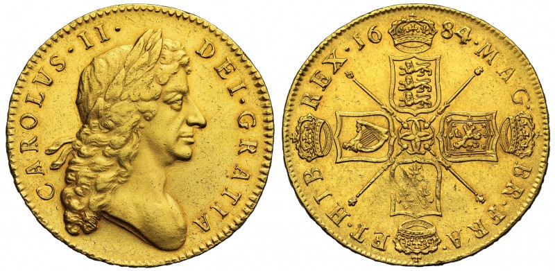 Charles II (1660-85), gold Five Guineas, 1684, the 4 of date struck over a 3, se...