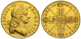 Charles II (1660-85), gold Five Guineas, 1684, the 4 of date struck over a 3, second laureate head right, Latin legend and toothed border surrounding,...