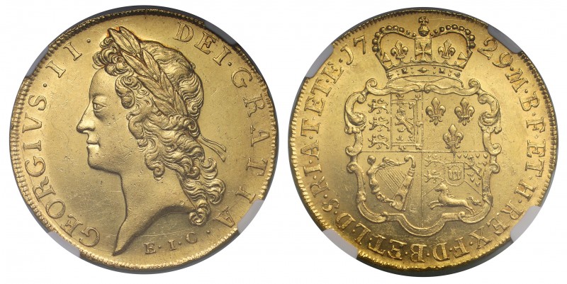 MS61 George II (1727-60), gold Five Guineas, 1729, E.I.C. initials of the East I...