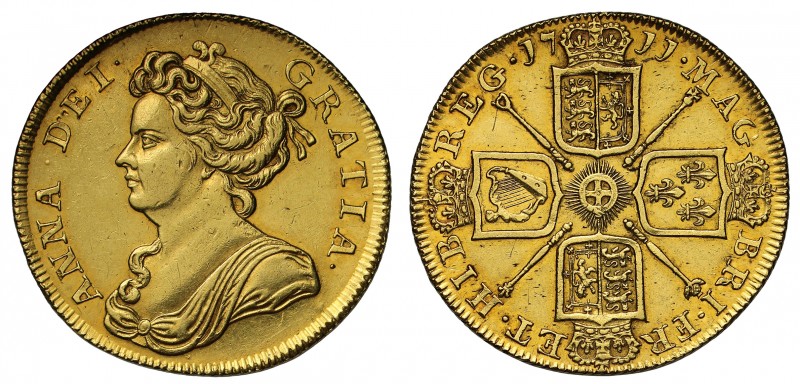 Anne (1702-14), gold Two Guineas, 1711, draped bust left, Latin legend and tooth...