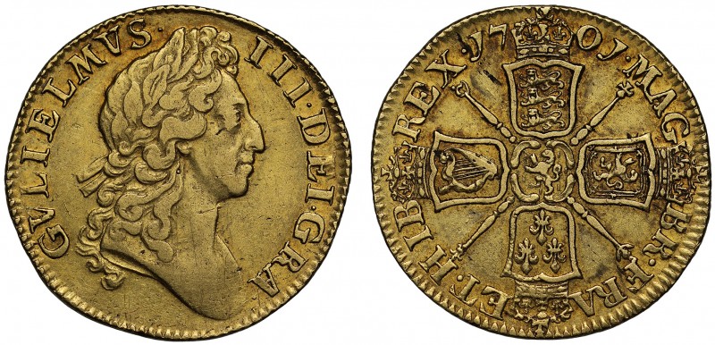 XF45 William III (1694-1702), gold Guinea, 1701, second laureate head right, leg...