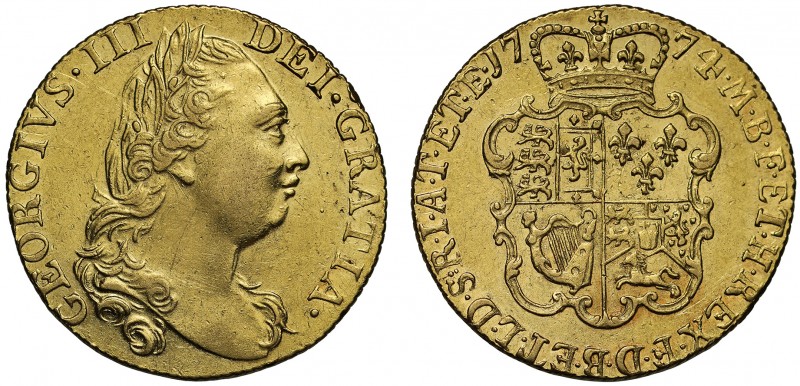 George III (1760-1820), gold Guinea, 1774, fourth laureate head right, GEORGIVS ...