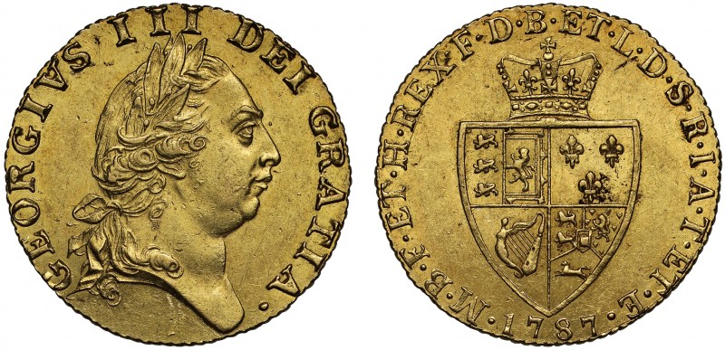 MS61 George III (1760-1820), gold Guinea, 1787, fifth laureate head right, GEORG...