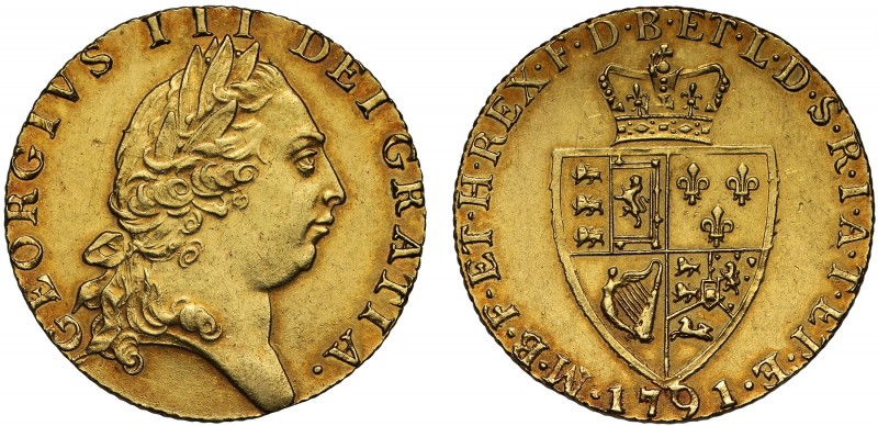 AU58 George III (1760-1820), gold Guinea, 1791, fifth laureate head right, GEORG...