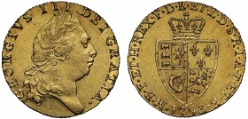 AU55 George III (1760-1820), gold Guinea, 1793, fifth laureate head right, GEORGIVS .III. DEI.GRATIA, rev. spade shaped crowned quartered shield of ar...