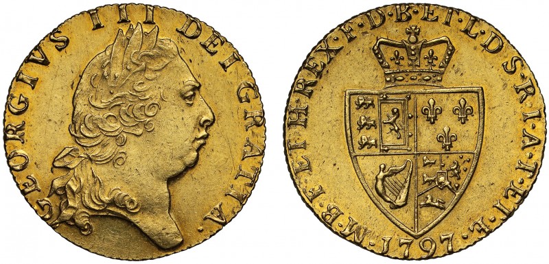 MS61 George III (1760-1820), gold Guinea, 1797, fifth laureate head right, GEORG...