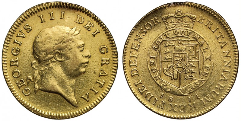 George III (1760-1820), gold Half-Guinea, 1811, seventh laureate head right, leg...