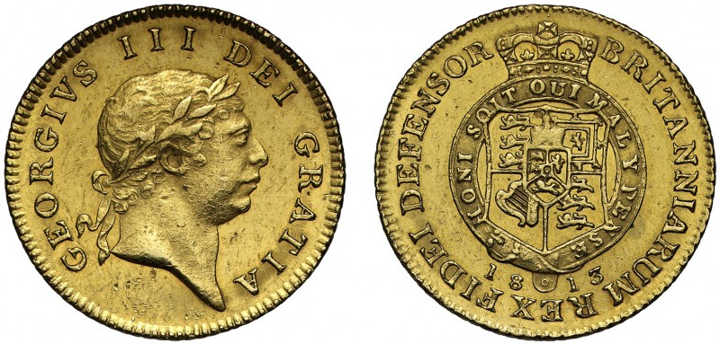 MS61 George III (1760-1820), gold Half-Guinea, 1813, seventh laureate head right...