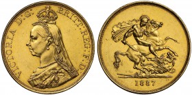 MS61 Victoria (1837-1901), gold Five Pounds, 1887, Jubilee type crowned bust left, J.E.B. initials on truncation for engraver Joseph Edgar Boehm, VICT...