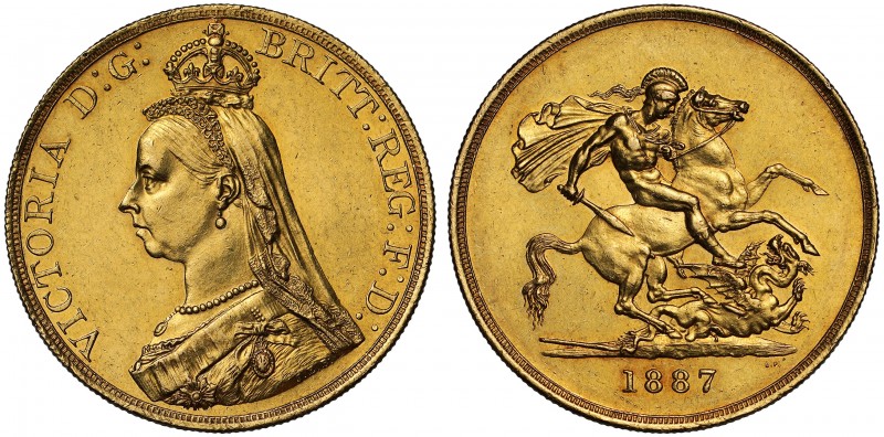 AU58 Victoria (1837-1901), gold Five Pounds, 1887, Jubilee type crowned bust lef...