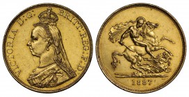 AU55 Victoria (1837-1901), gold Five Pounds, 1887, Jubilee type crowned bust left, J.E.B. initials on truncation for engraver Joseph Edgar Boehm, VICT...