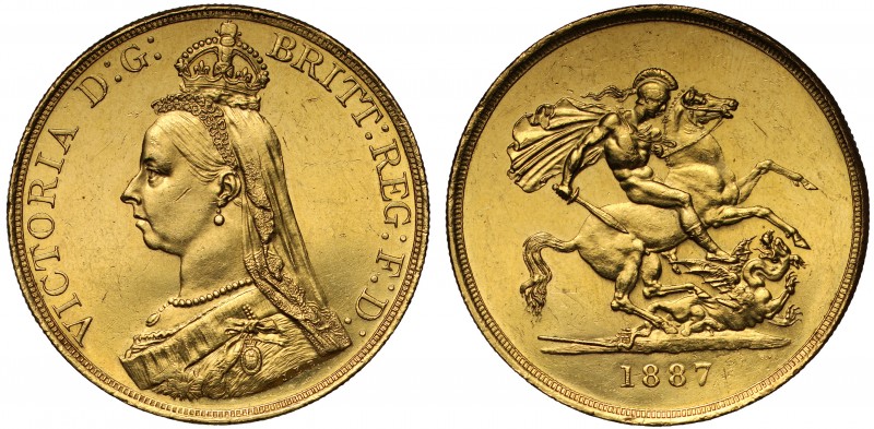 Victoria (1837-1901), gold Five Pounds, 1887, Jubilee type crowned bust left, J....