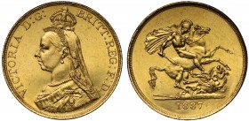 Victoria (1837-1901), gold Five Pounds, 1887, Jubilee type crowned bust left, J.E.B. initials on truncation for engraver Joseph Edgar Boehm, VICTORIA ...